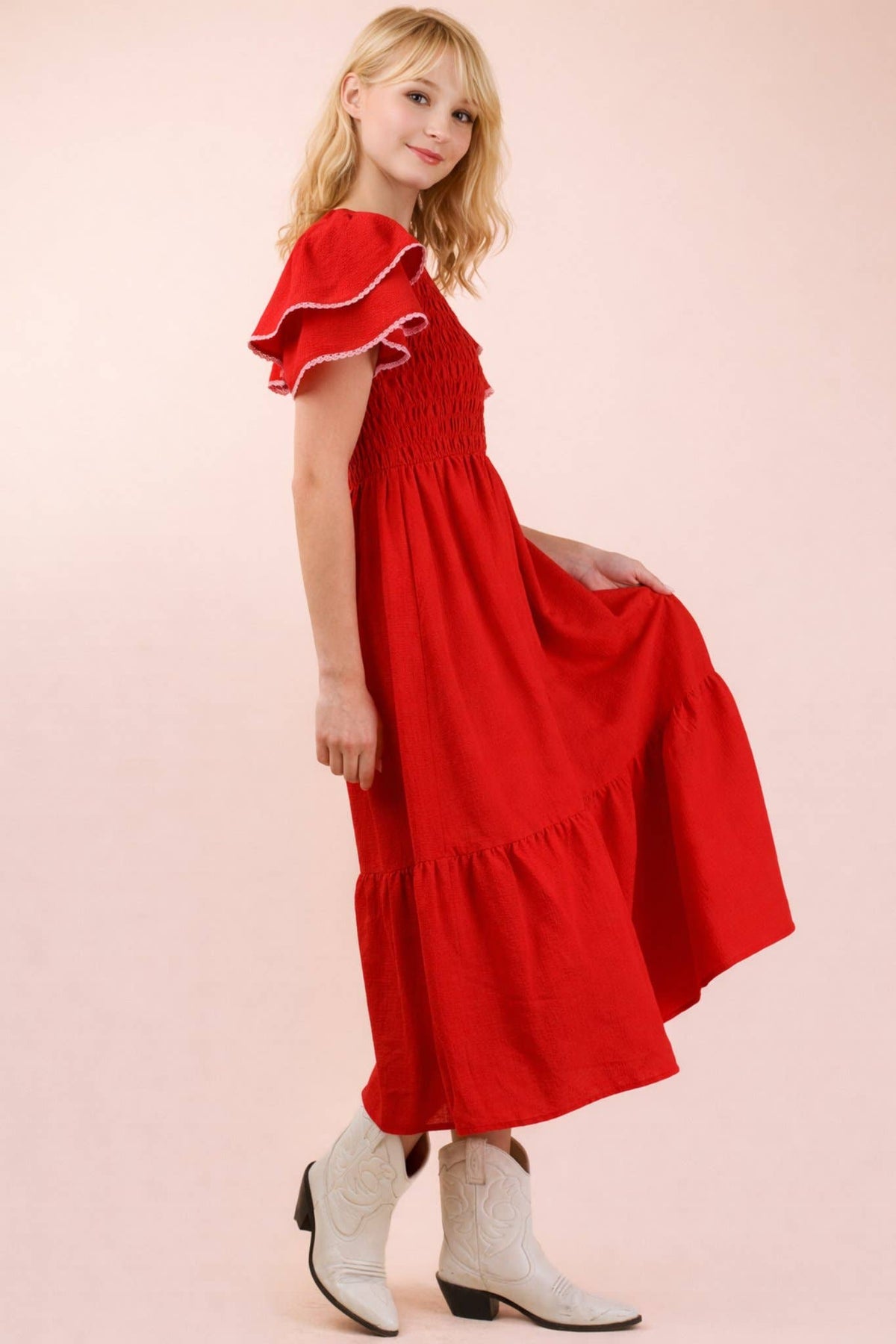 ND32042-Smocking Torso Ruffle Sleeve Midi Dress