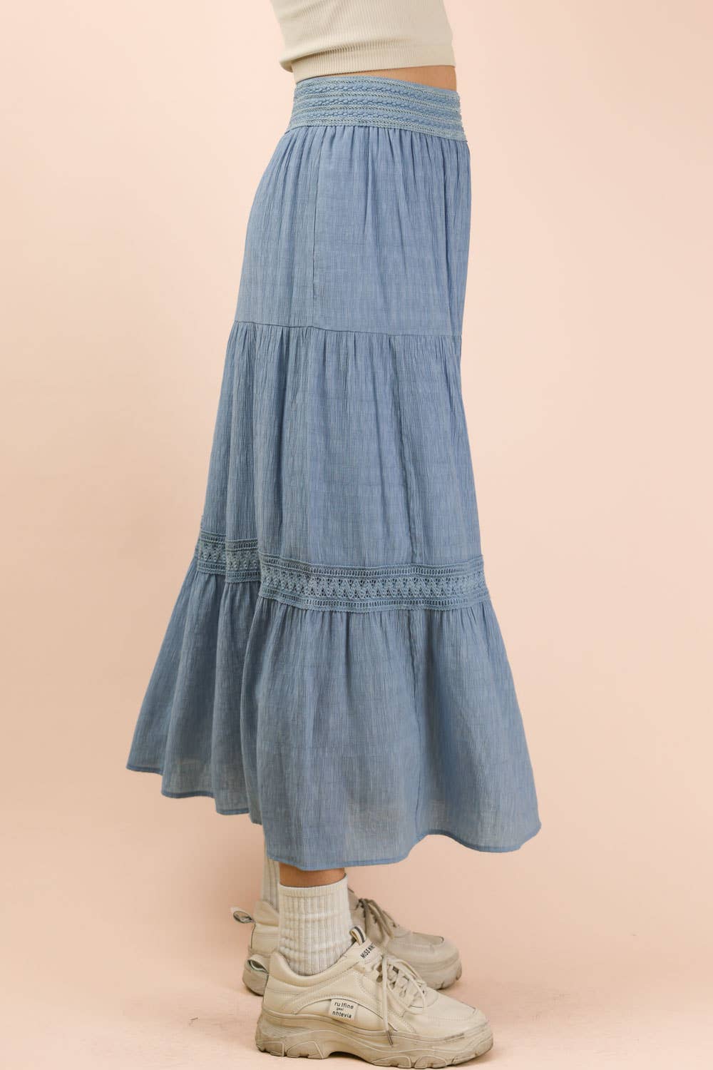 NS50200-Tiered Layers Solid Woven Mini Dress W/ Lace Trim