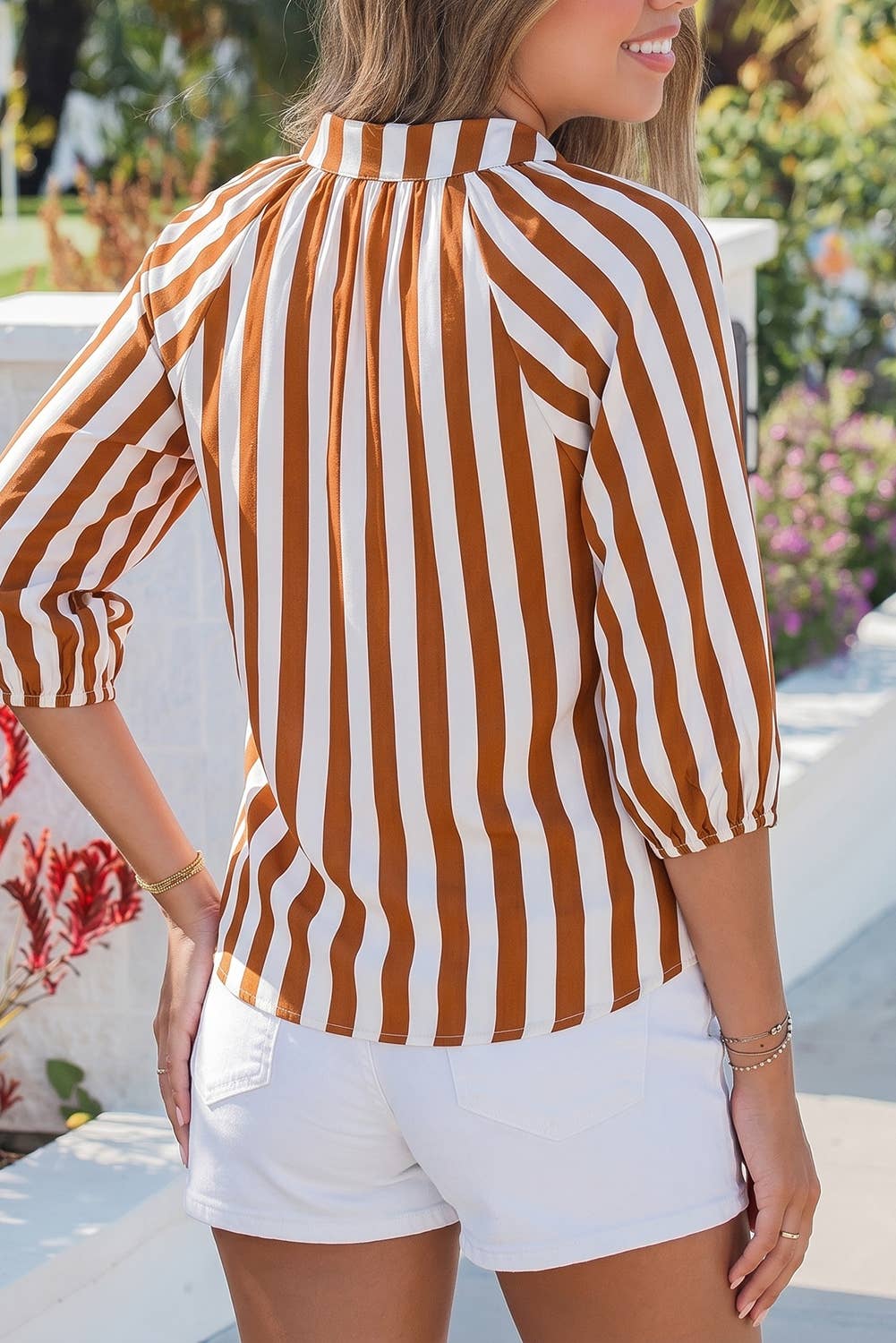 Striped V Neck Casual Blouse: Brown Stripe