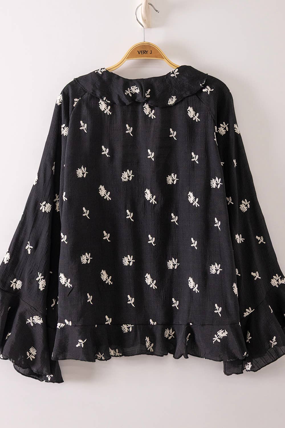 NT12596-Floral Embroidery Ruffled Blouse Top