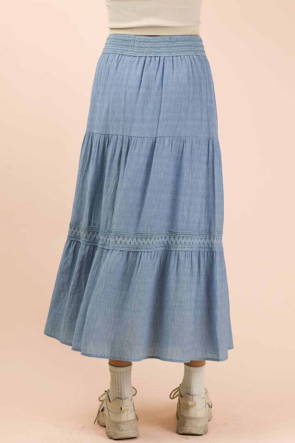 NS50200-Tiered Layers Solid Woven Mini Dress W/ Lace Trim