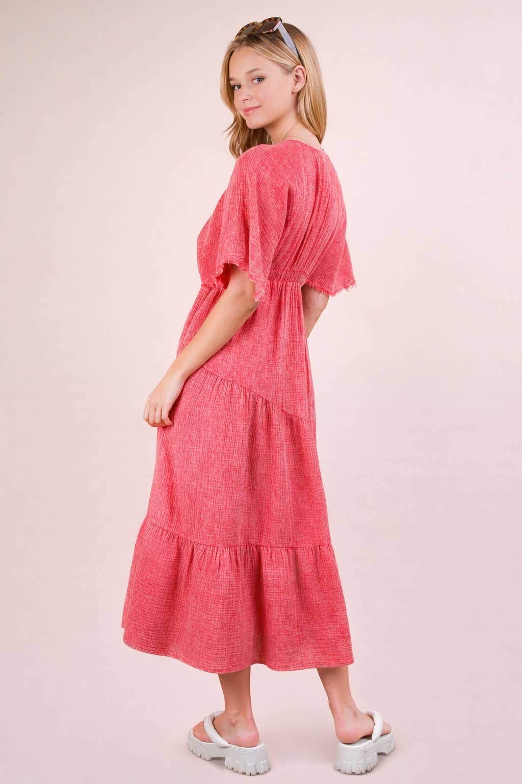 ND31584-Mineral Washed Elastic Neck Detail Midi Dress