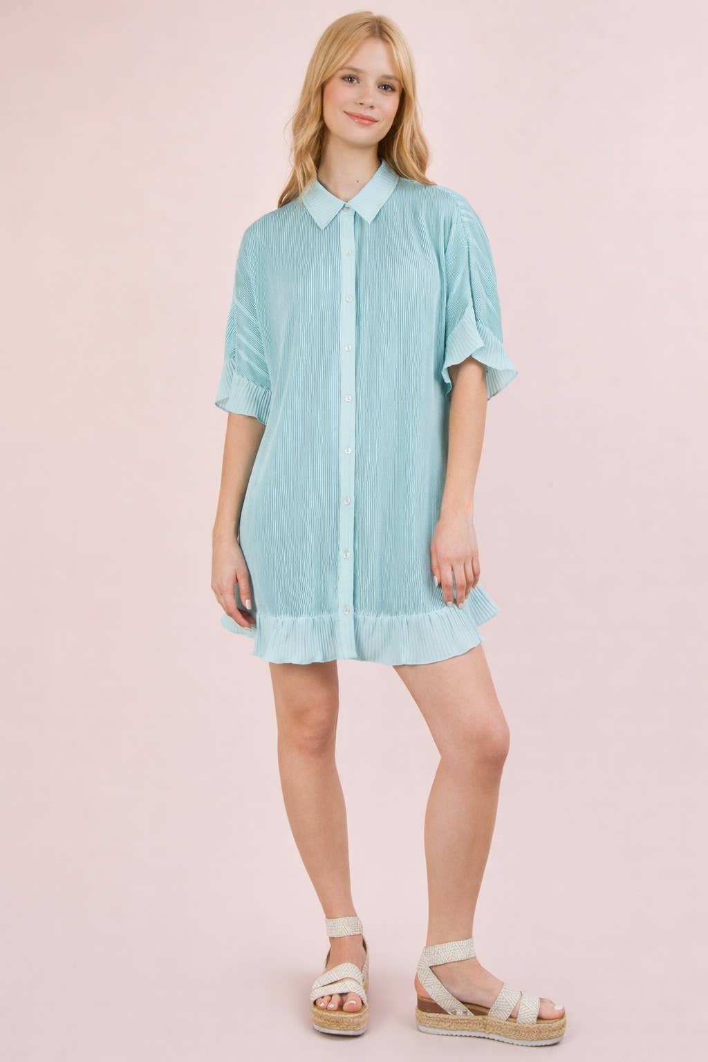 ND31602-Pleated Detail Button Down Mini Dress