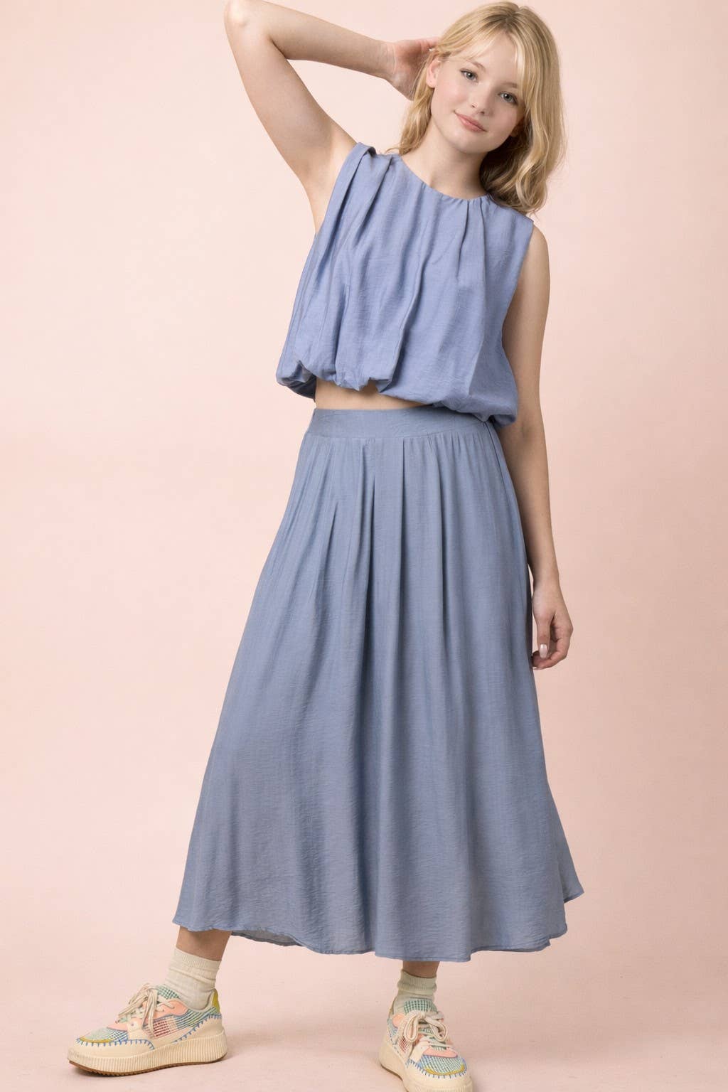 NT12643SET-Pleated Bubble Blouse Top & Midi Skirt Set