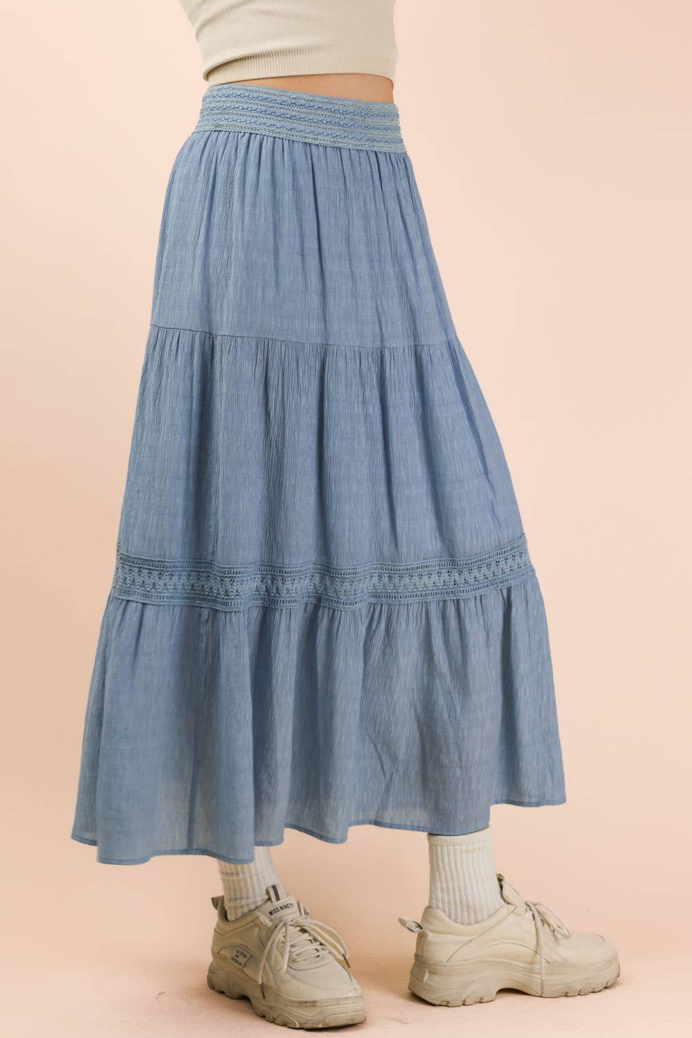 NS50200-Tiered Layers Solid Woven Mini Dress W/ Lace Trim