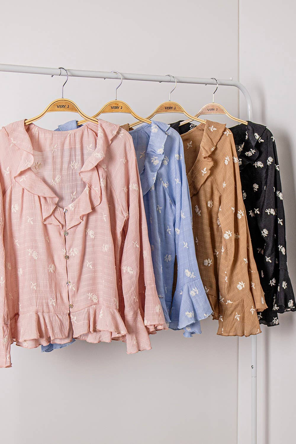 NT12596-Floral Embroidery Ruffled Blouse Top