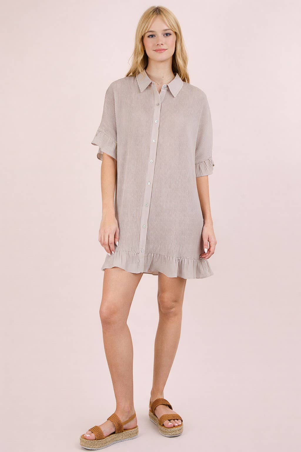 ND31602-Pleated Detail Button Down Mini Dress
