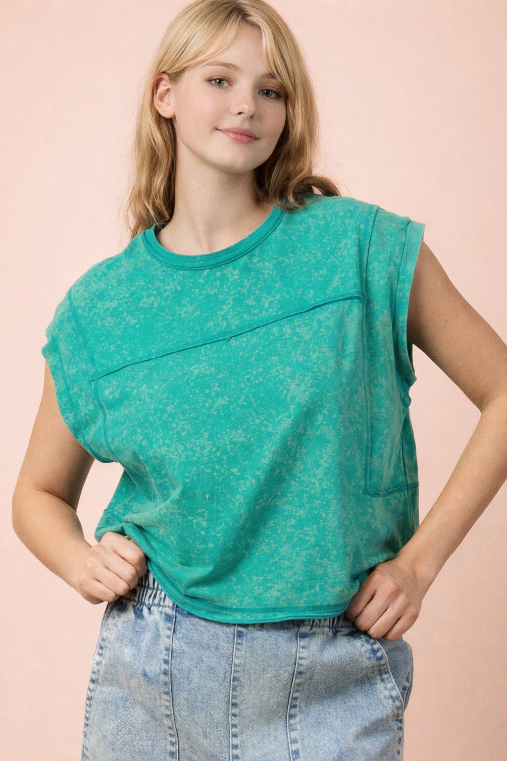 NT12173-Mineral Washed Sleeveless Casual Knit Top