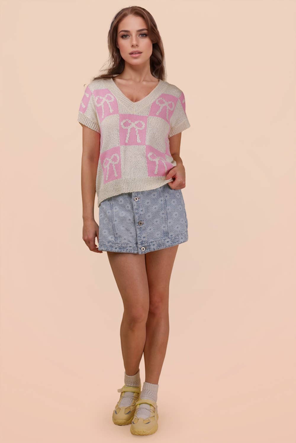 12W3370N-Bow Graphic Knit Summer Sweater Top
