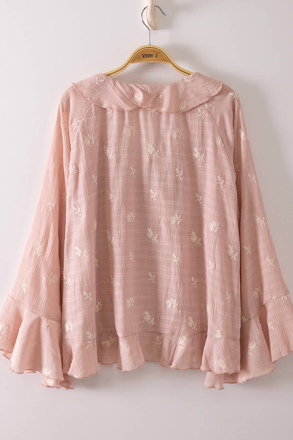 NT12596-Floral Embroidery Ruffled Blouse Top