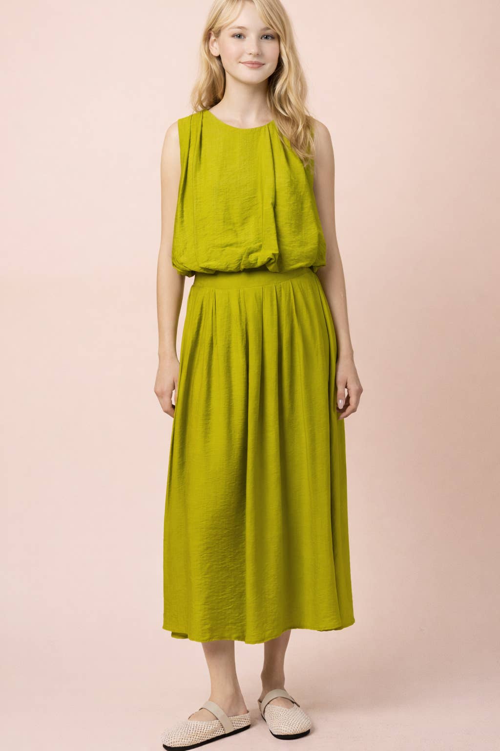 NT12643SET-Pleated Bubble Blouse Top & Midi Skirt Set