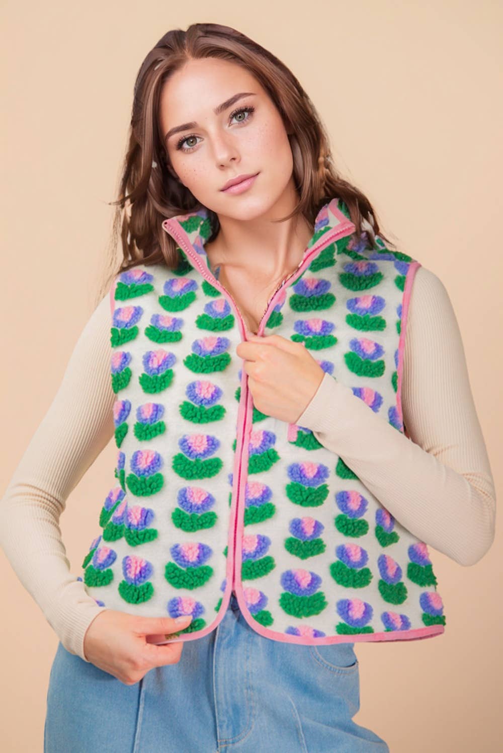 NJ90403-Textured Bow & Floral Printed Vest