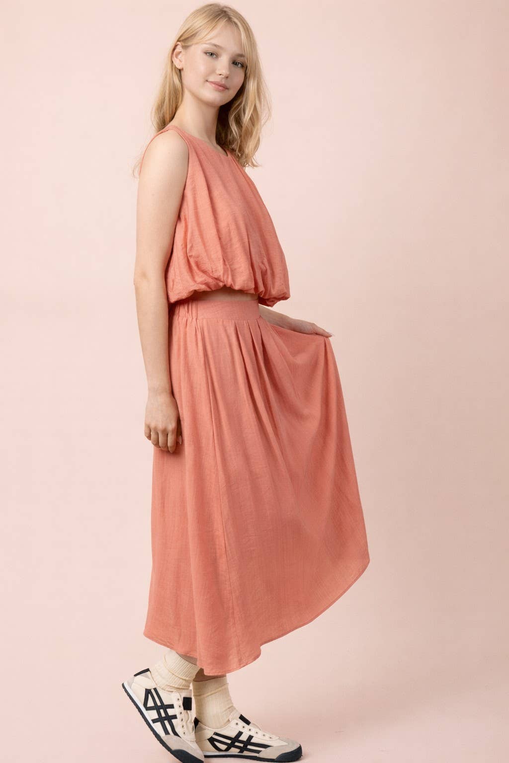NT12643SET-Pleated Bubble Blouse Top & Midi Skirt Set