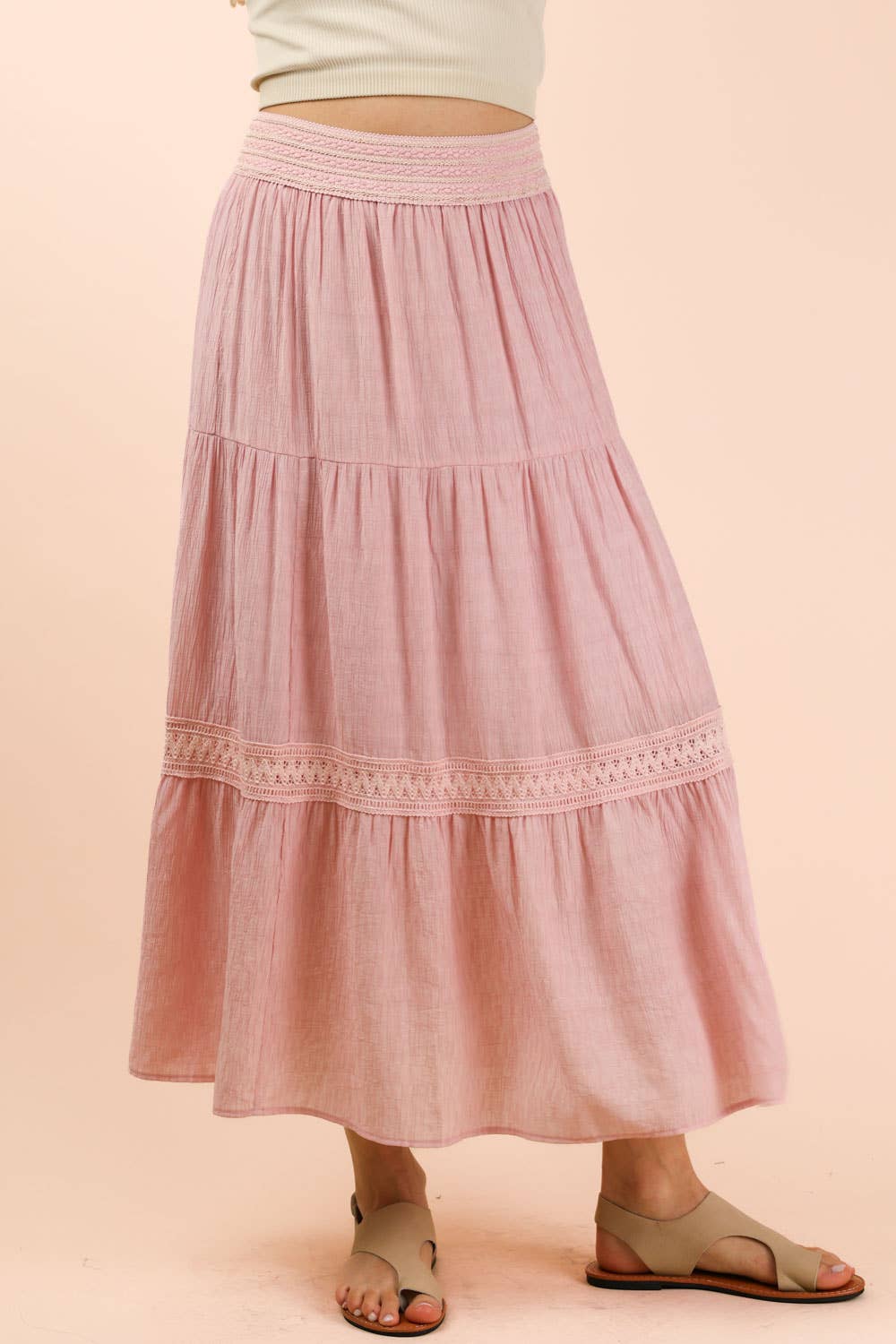 NS50200-Tiered Layers Solid Woven Mini Dress W/ Lace Trim