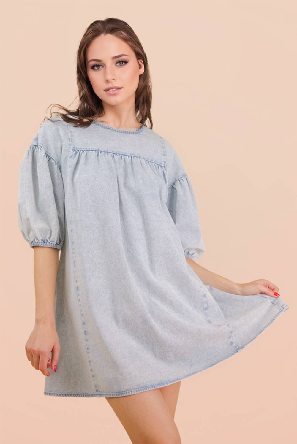 ND32015-Washed Denim Casual Mini Dress