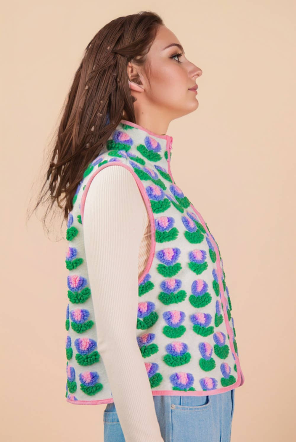NJ90403-Textured Bow & Floral Printed Vest