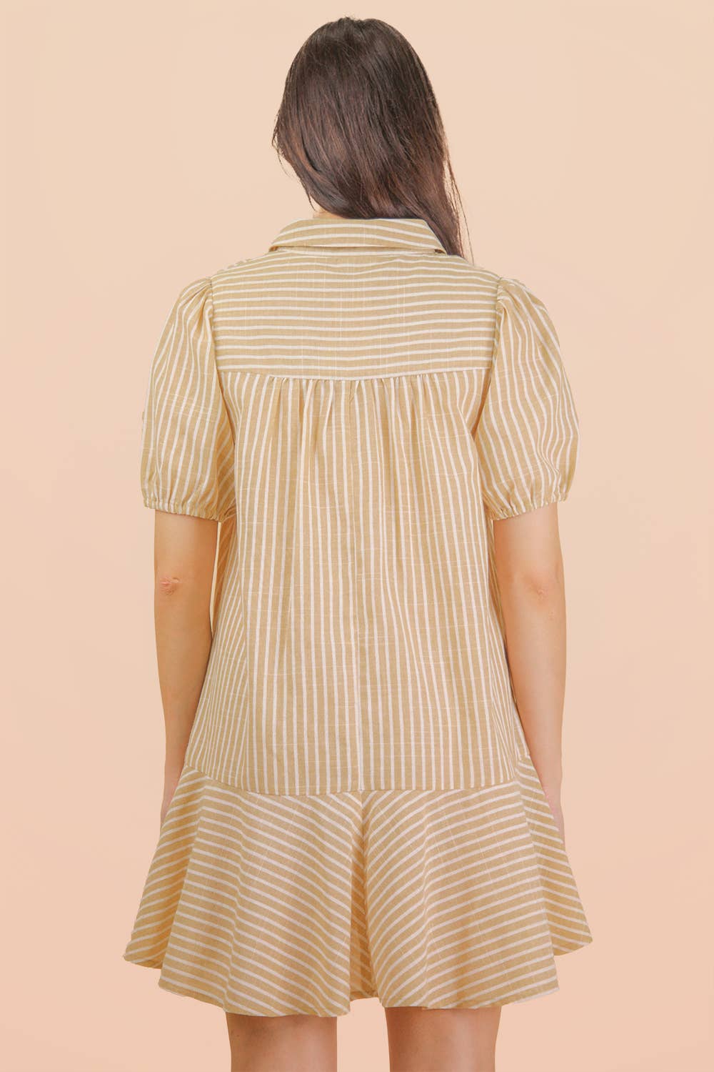 ND32029-Stripe Puff Sleeve Shirt Mini Dress