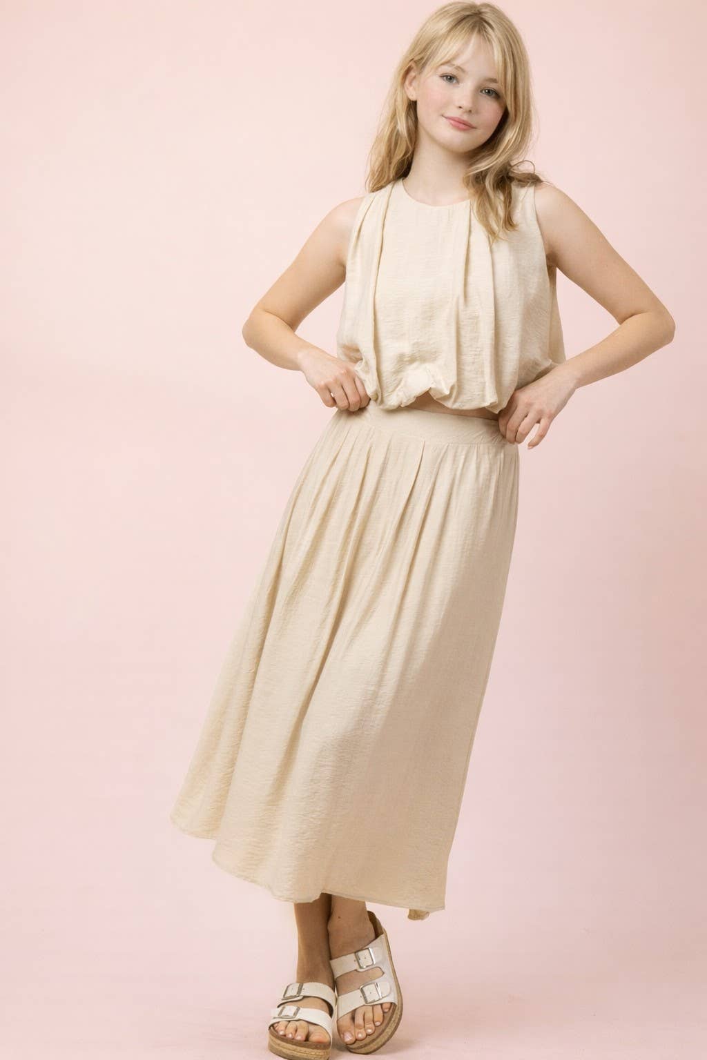 NT12643SET-Pleated Bubble Blouse Top & Midi Skirt Set