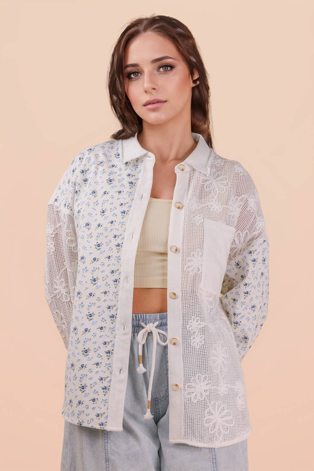 NT12590-Vintage Floral Lace Patchwork Shirt