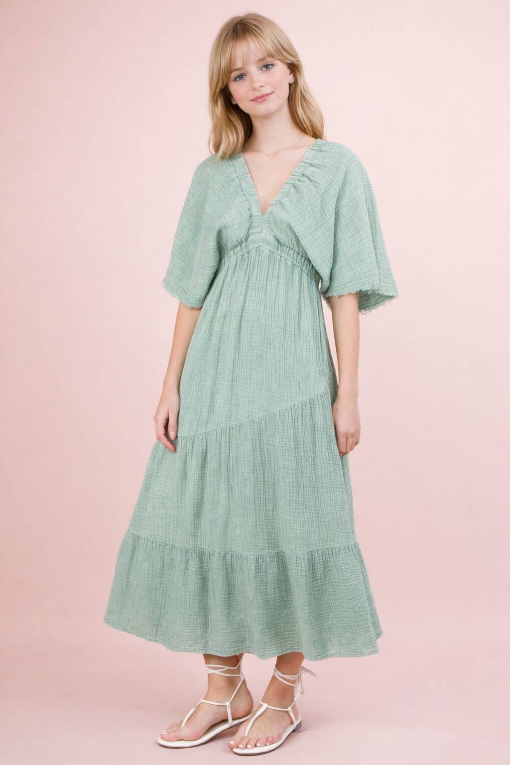 ND31584-Mineral Washed Elastic Neck Detail Midi Dress