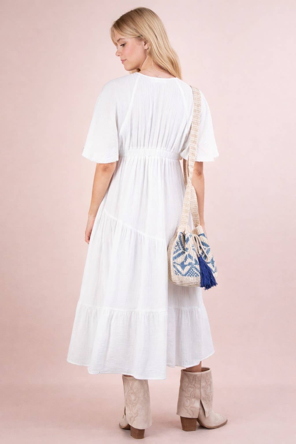 ND31584-Mineral Washed Elastic Neck Detail Midi Dress