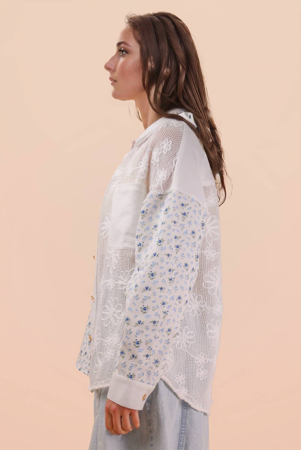 NT12590-Vintage Floral Lace Patchwork Shirt