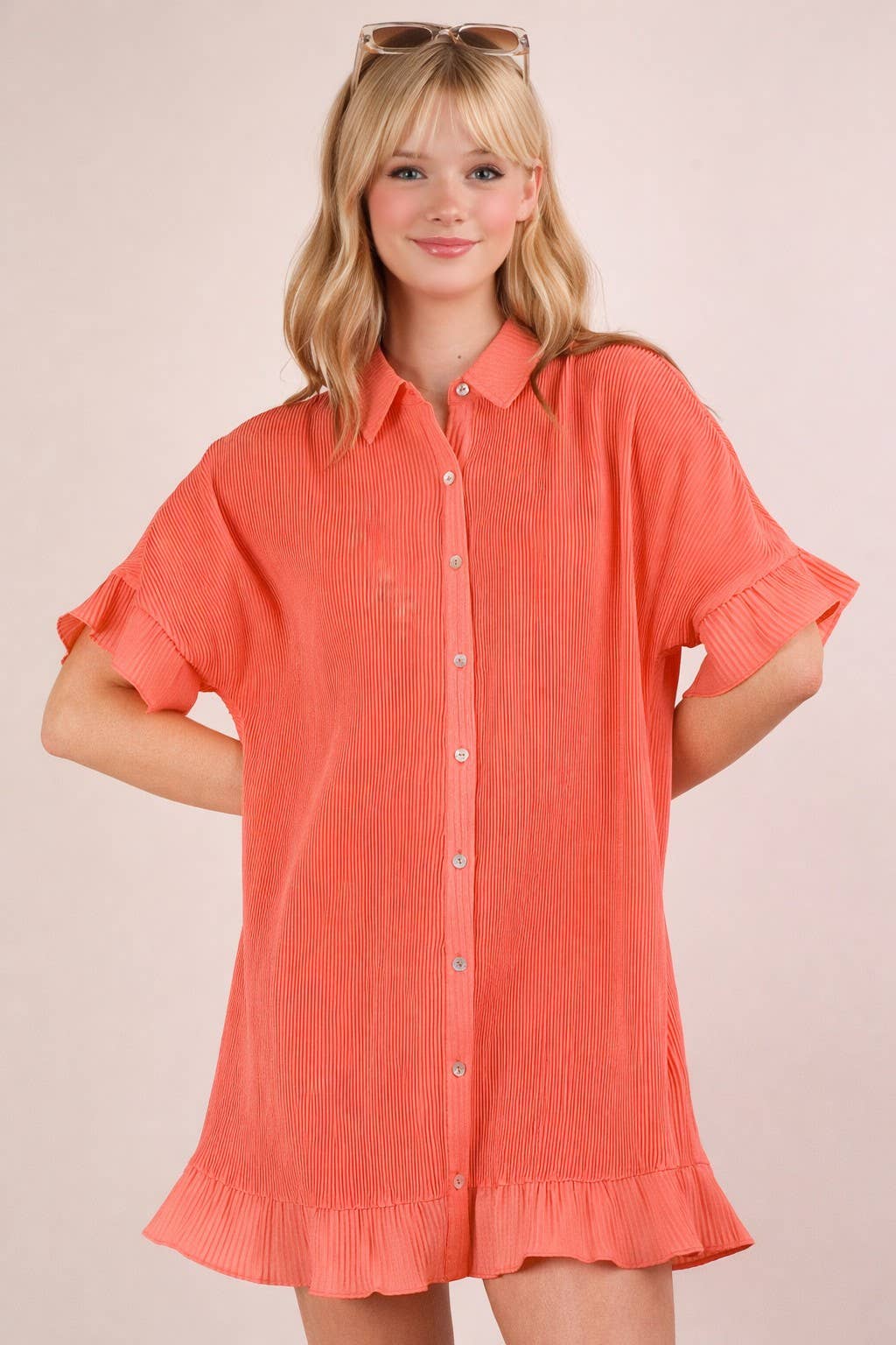 ND31602-Pleated Detail Button Down Mini Dress