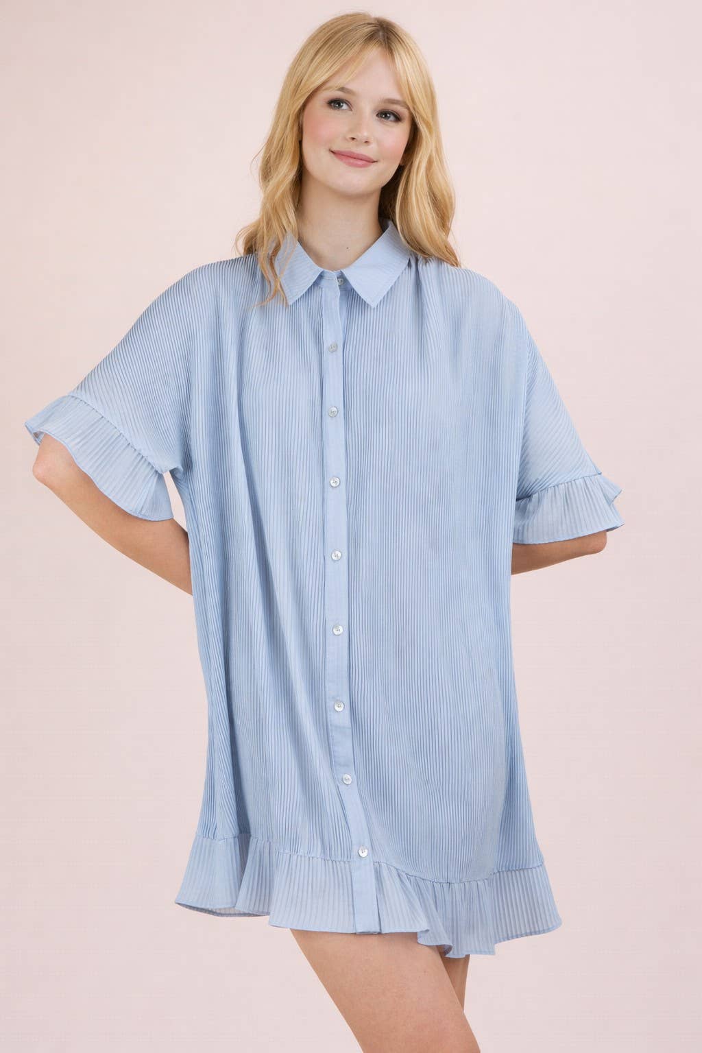 ND31602-Pleated Detail Button Down Mini Dress