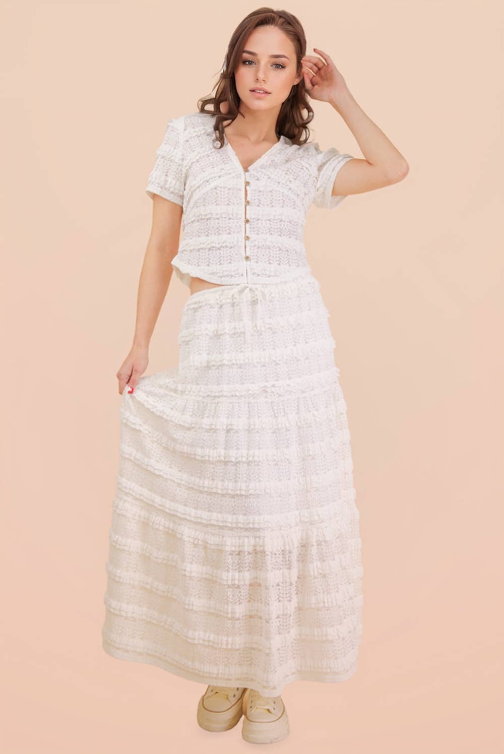 NS50182-Tiered Layered Lace Midi Skirt
