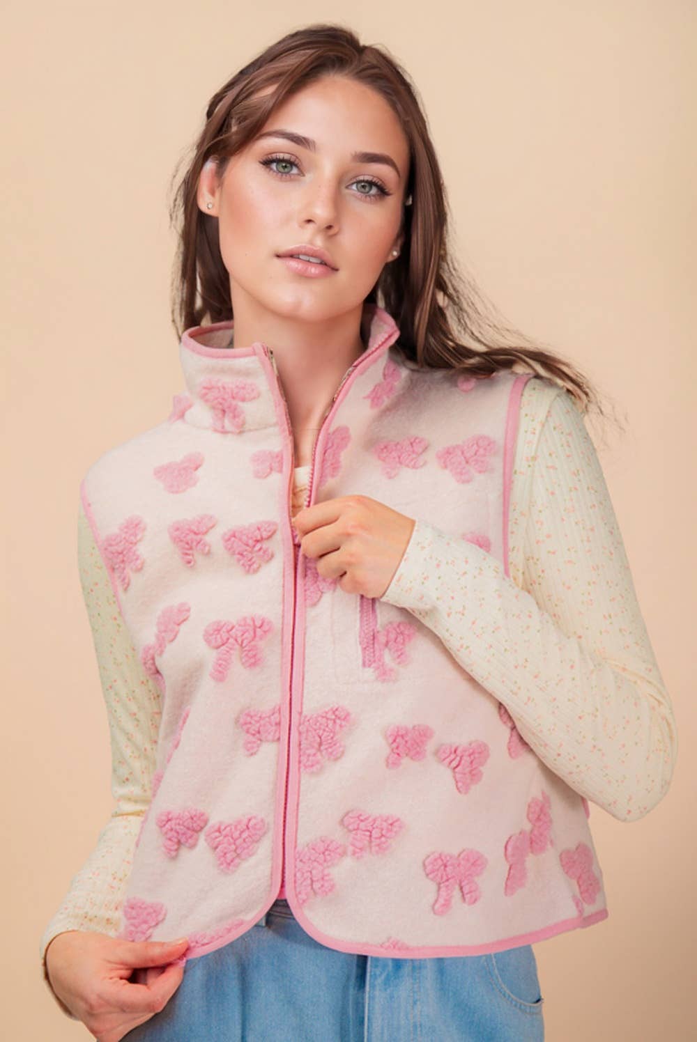 NJ90403-Textured Bow & Floral Printed Vest