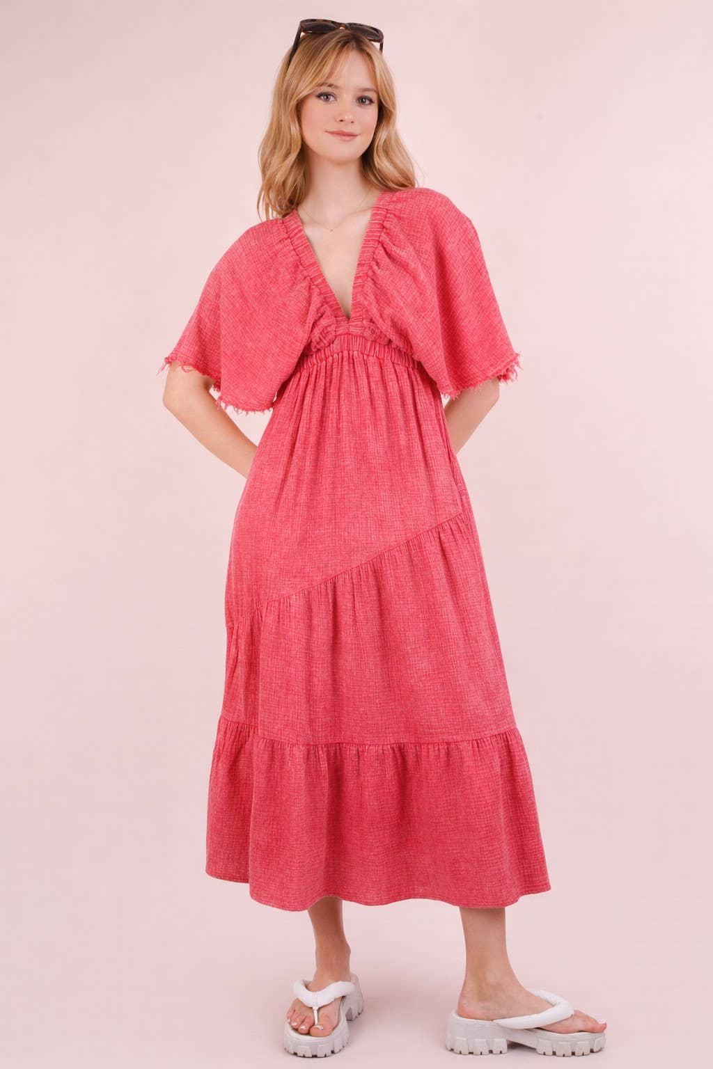 ND31584-Mineral Washed Elastic Neck Detail Midi Dress