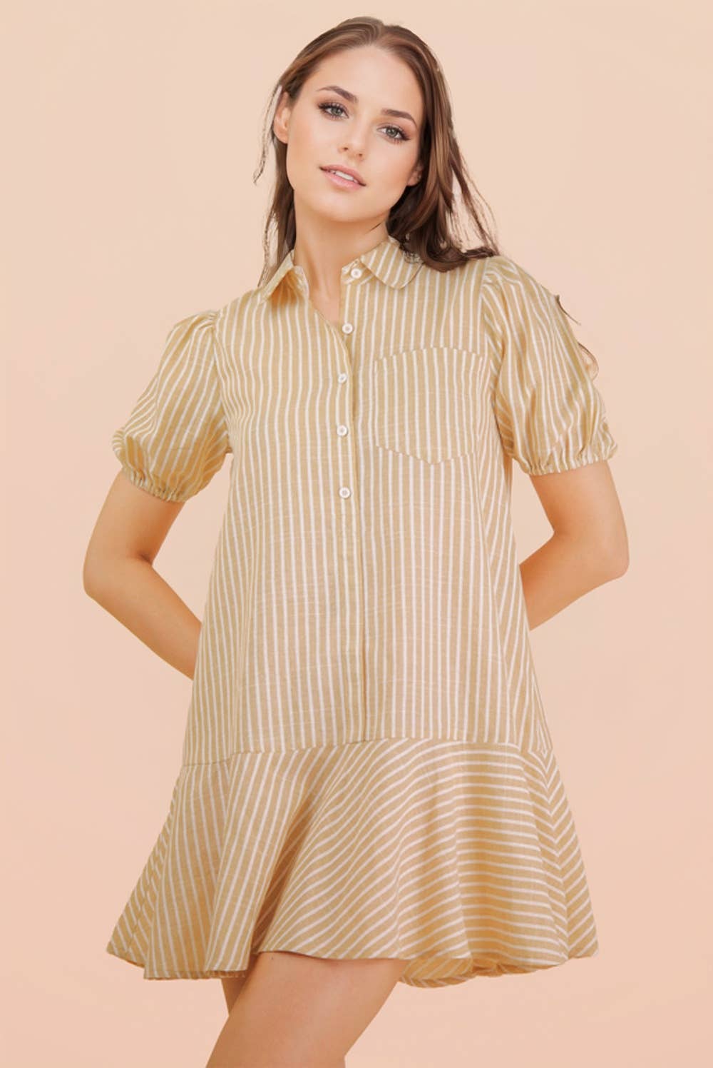 ND32029-Stripe Puff Sleeve Shirt Mini Dress