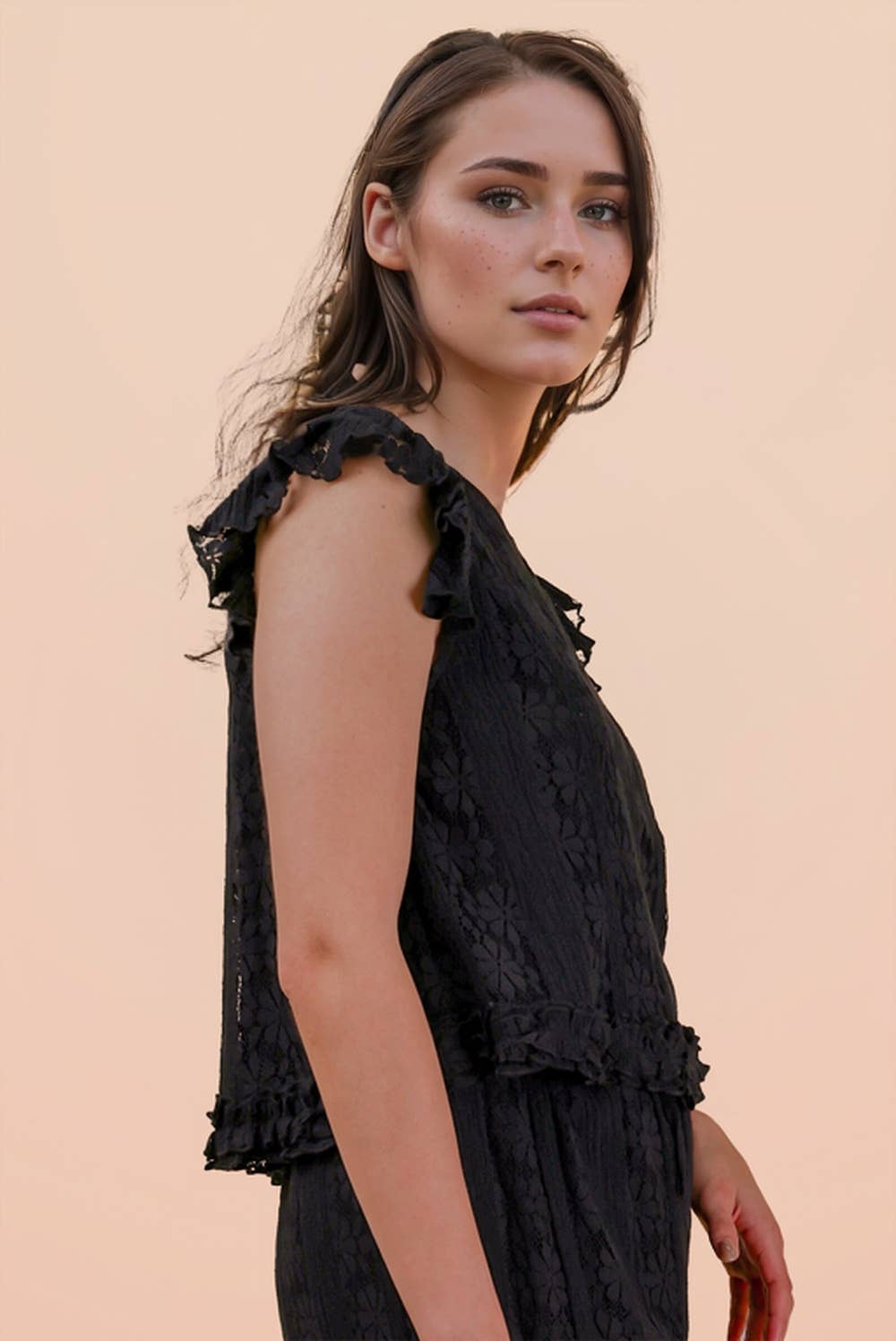 NT12510-Shoulder Ruffle Detail Lace Top