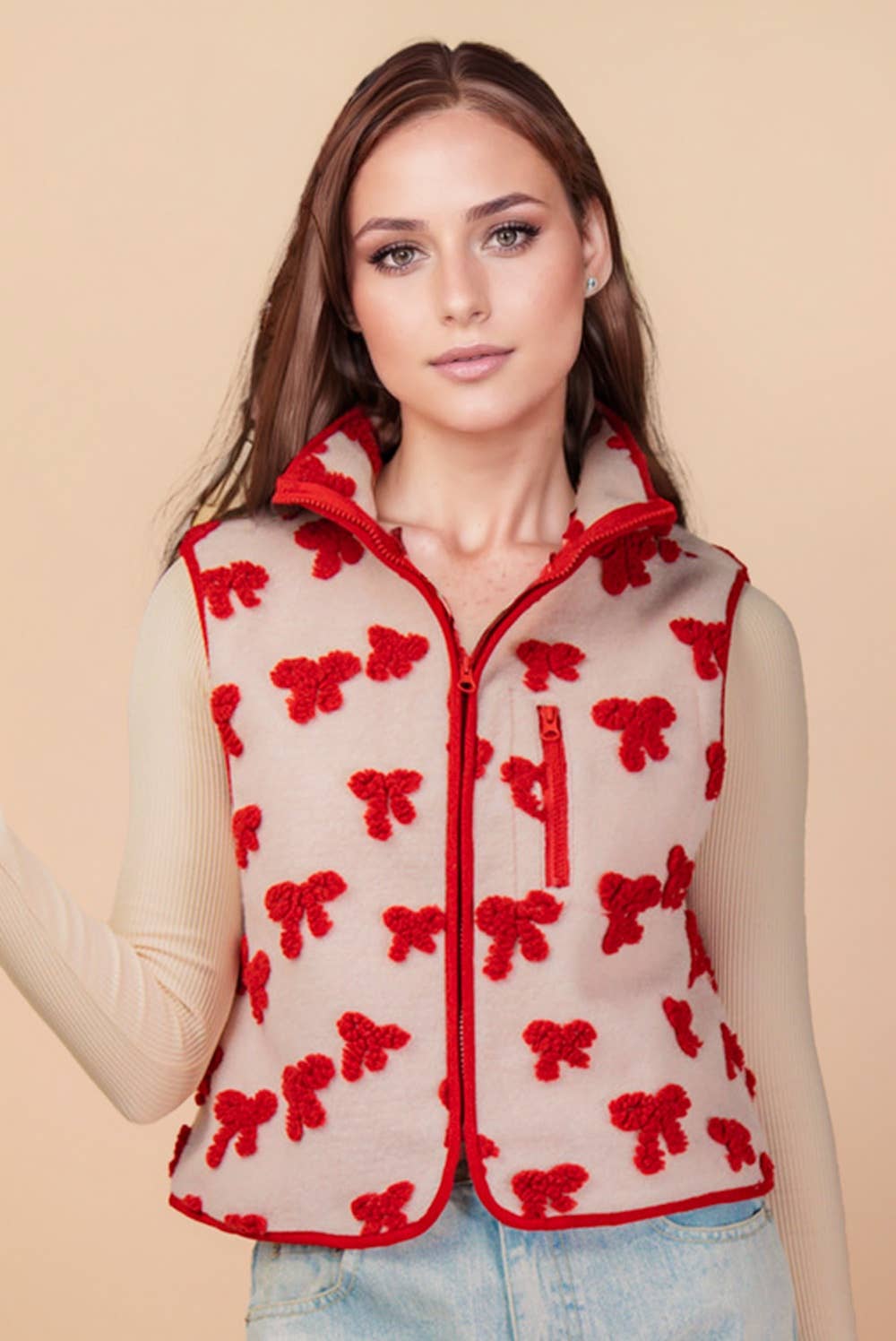 NJ90403-Textured Bow & Floral Printed Vest