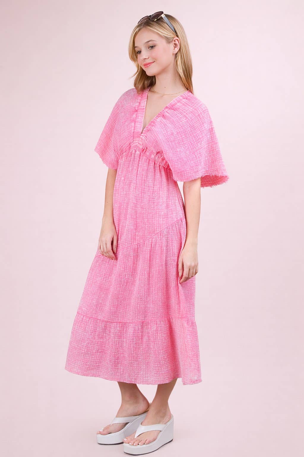 ND31584-Mineral Washed Elastic Neck Detail Midi Dress