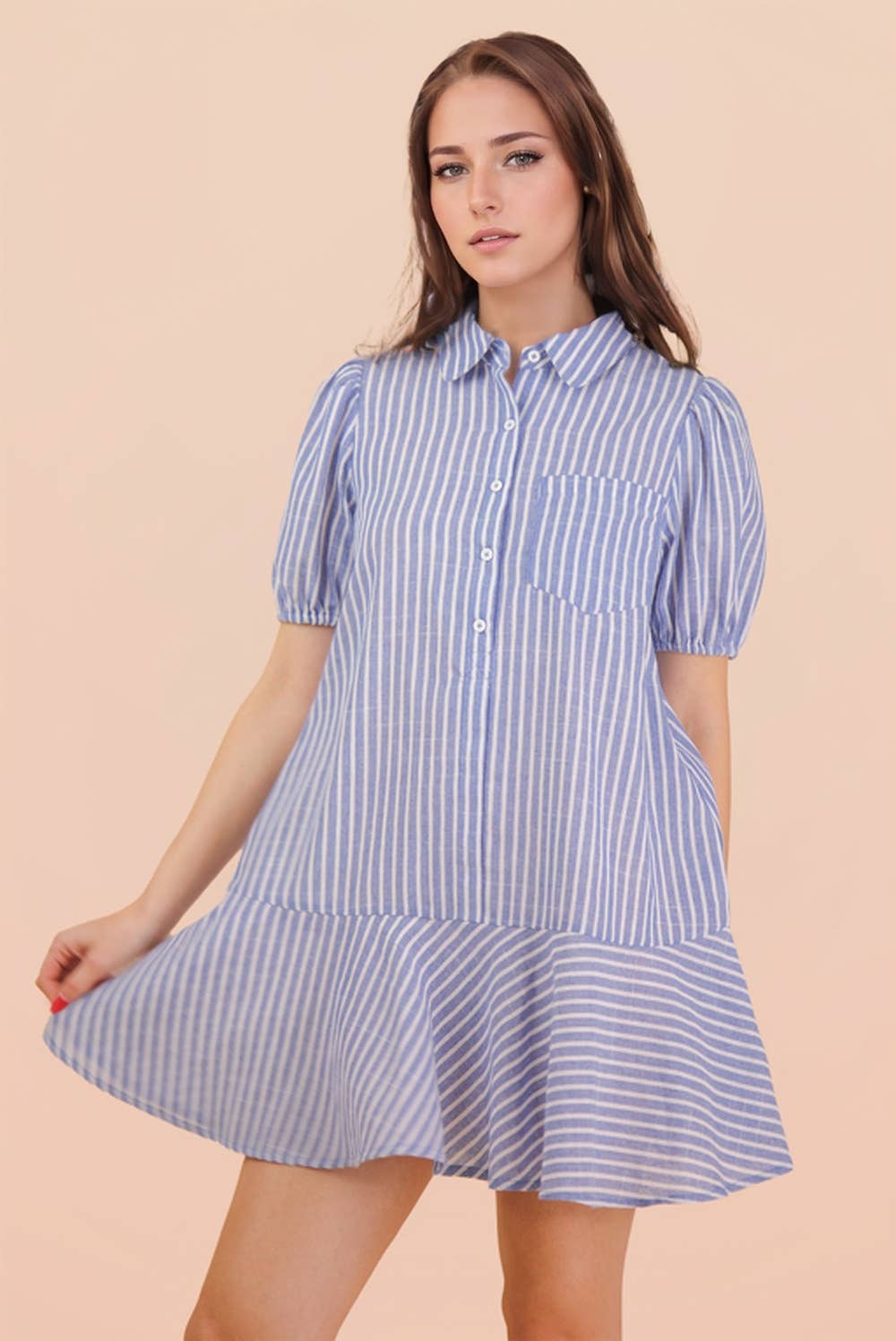 ND32029-Stripe Puff Sleeve Shirt Mini Dress