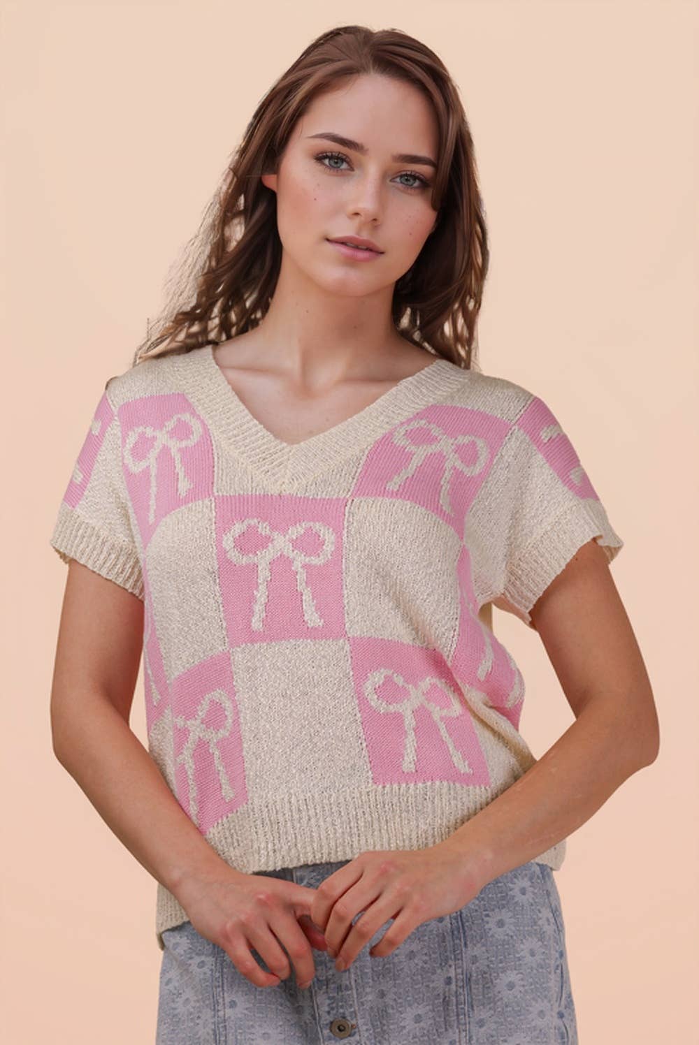 12W3370N-Bow Graphic Knit Summer Sweater Top