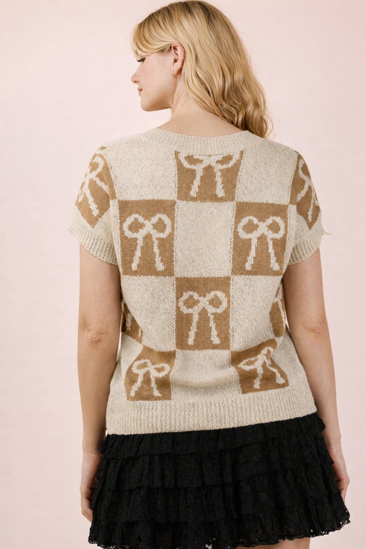 12W3370N-Bow Graphic Knit Summer Sweater Top