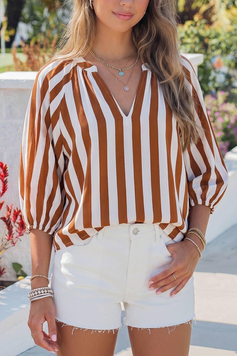 Striped V Neck Casual Blouse: Brown Stripe