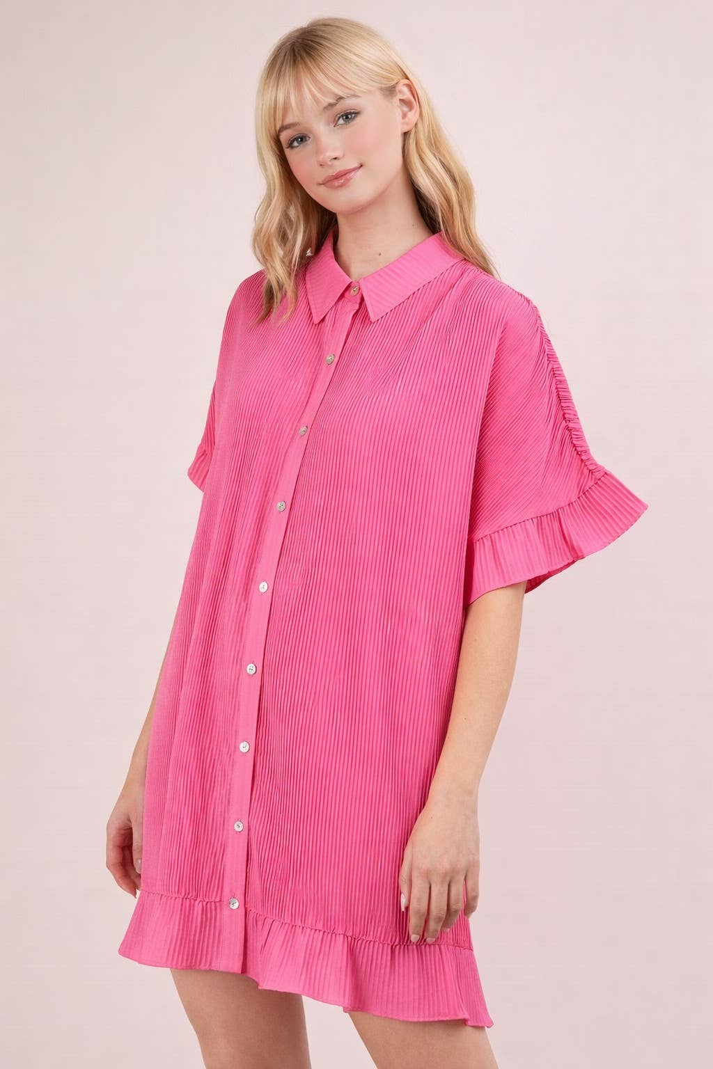 ND31602-Pleated Detail Button Down Mini Dress