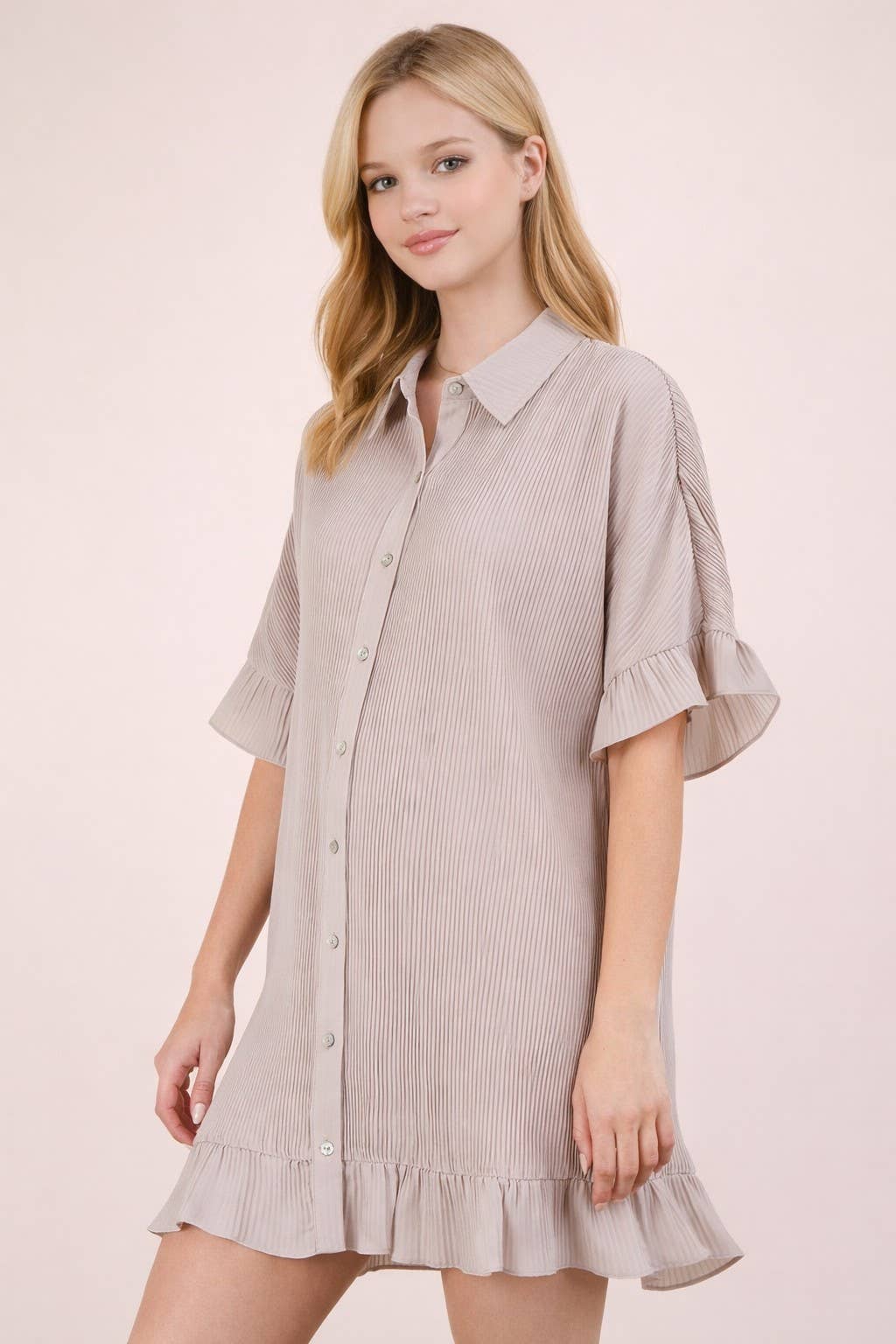ND31602-Pleated Detail Button Down Mini Dress