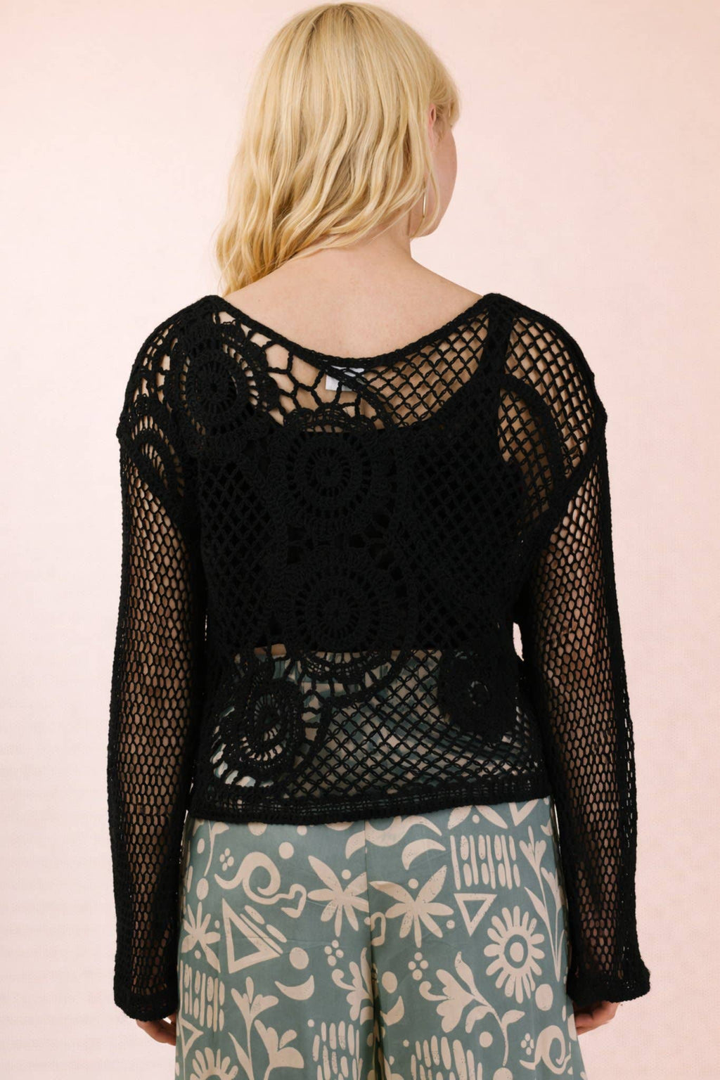 NT12142-Crochet Long Sleeve Knit Top