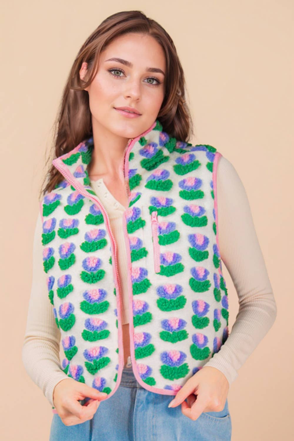 NJ90403-Textured Bow & Floral Printed Vest