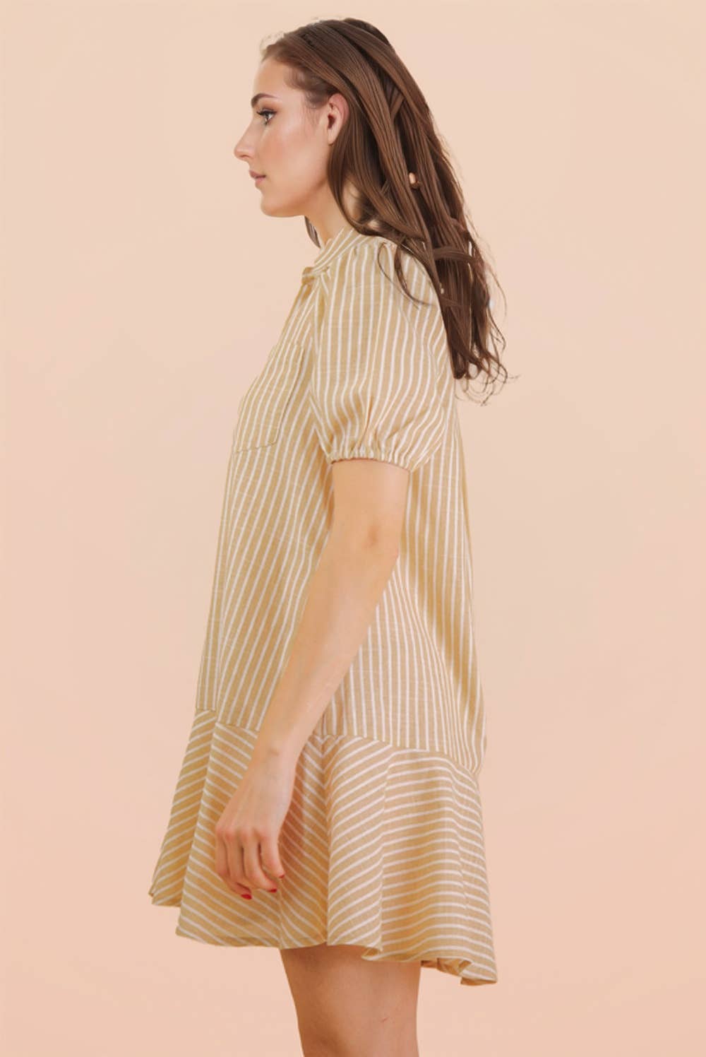 ND32029-Stripe Puff Sleeve Shirt Mini Dress
