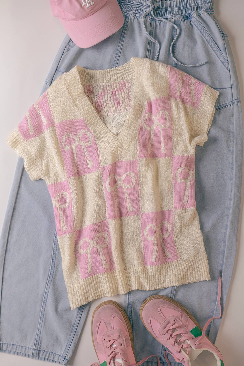 12W3370N-Bow Graphic Knit Summer Sweater Top
