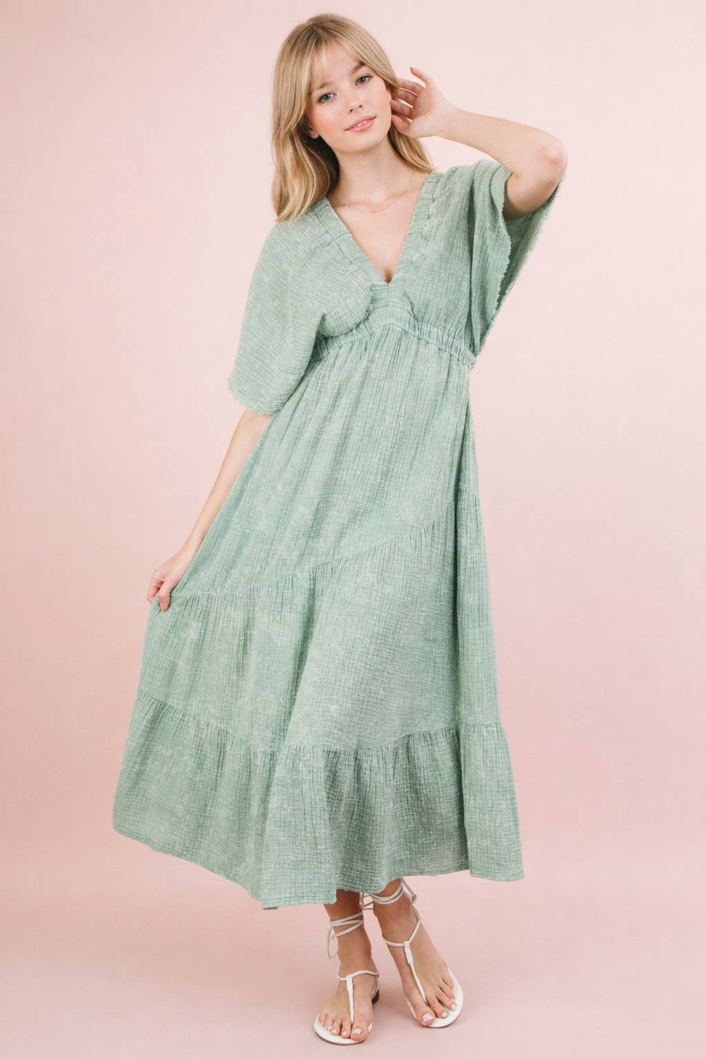ND31584-Mineral Washed Elastic Neck Detail Midi Dress