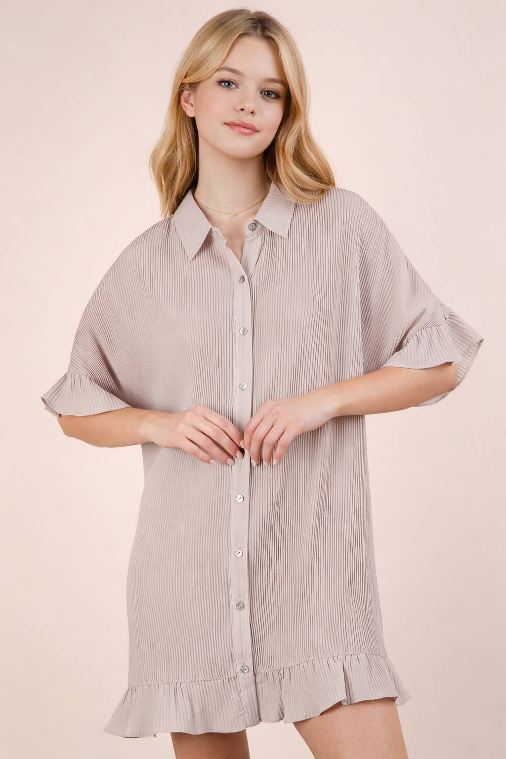 ND31602-Pleated Detail Button Down Mini Dress