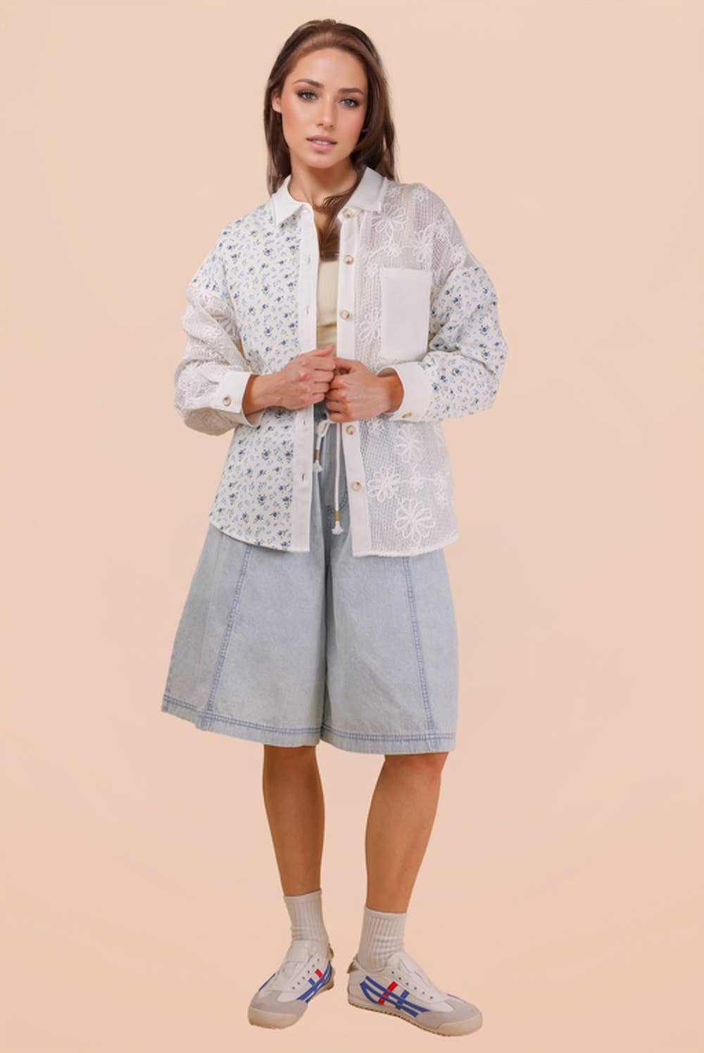 NT12590-Vintage Floral Lace Patchwork Shirt