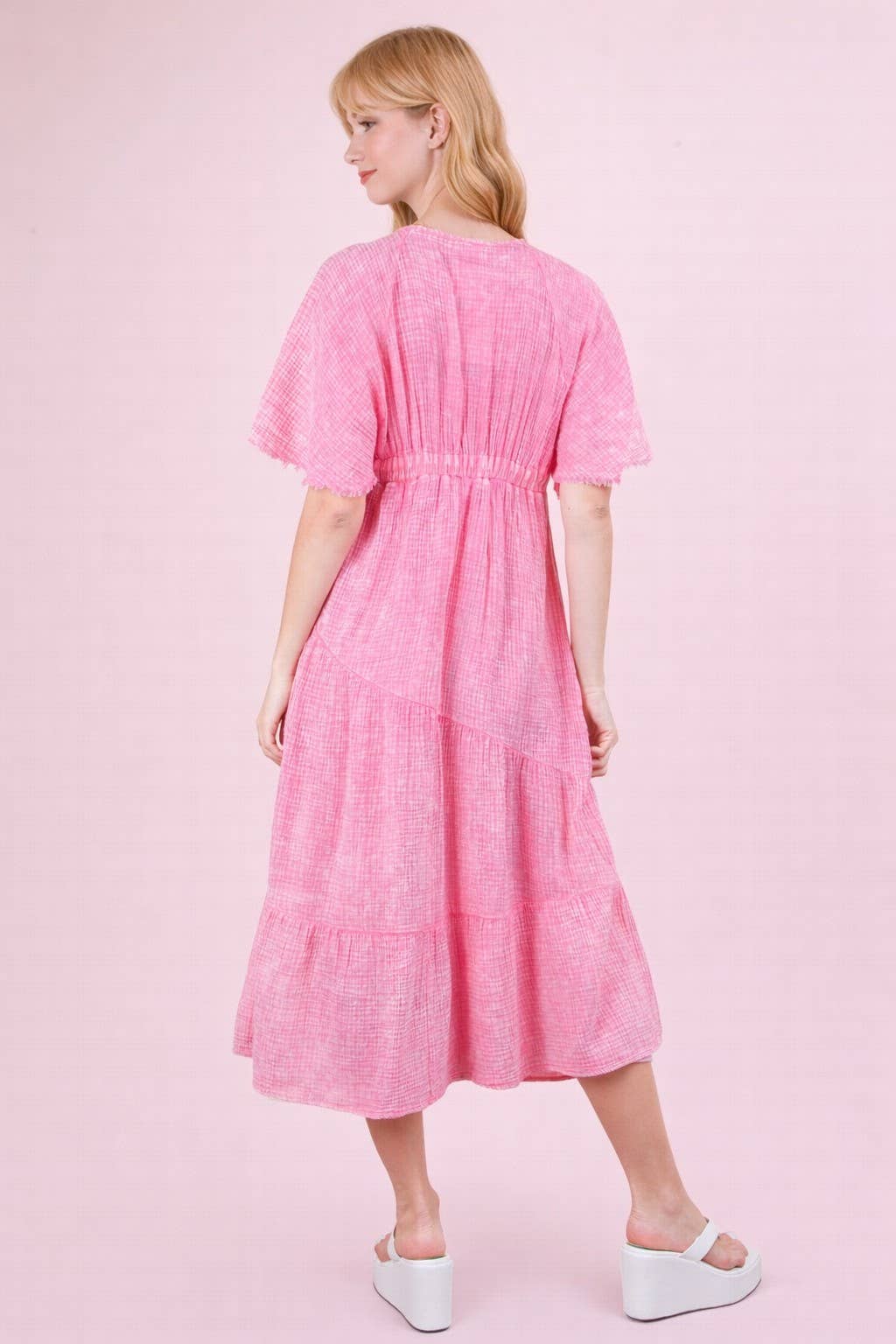 ND31584-Mineral Washed Elastic Neck Detail Midi Dress