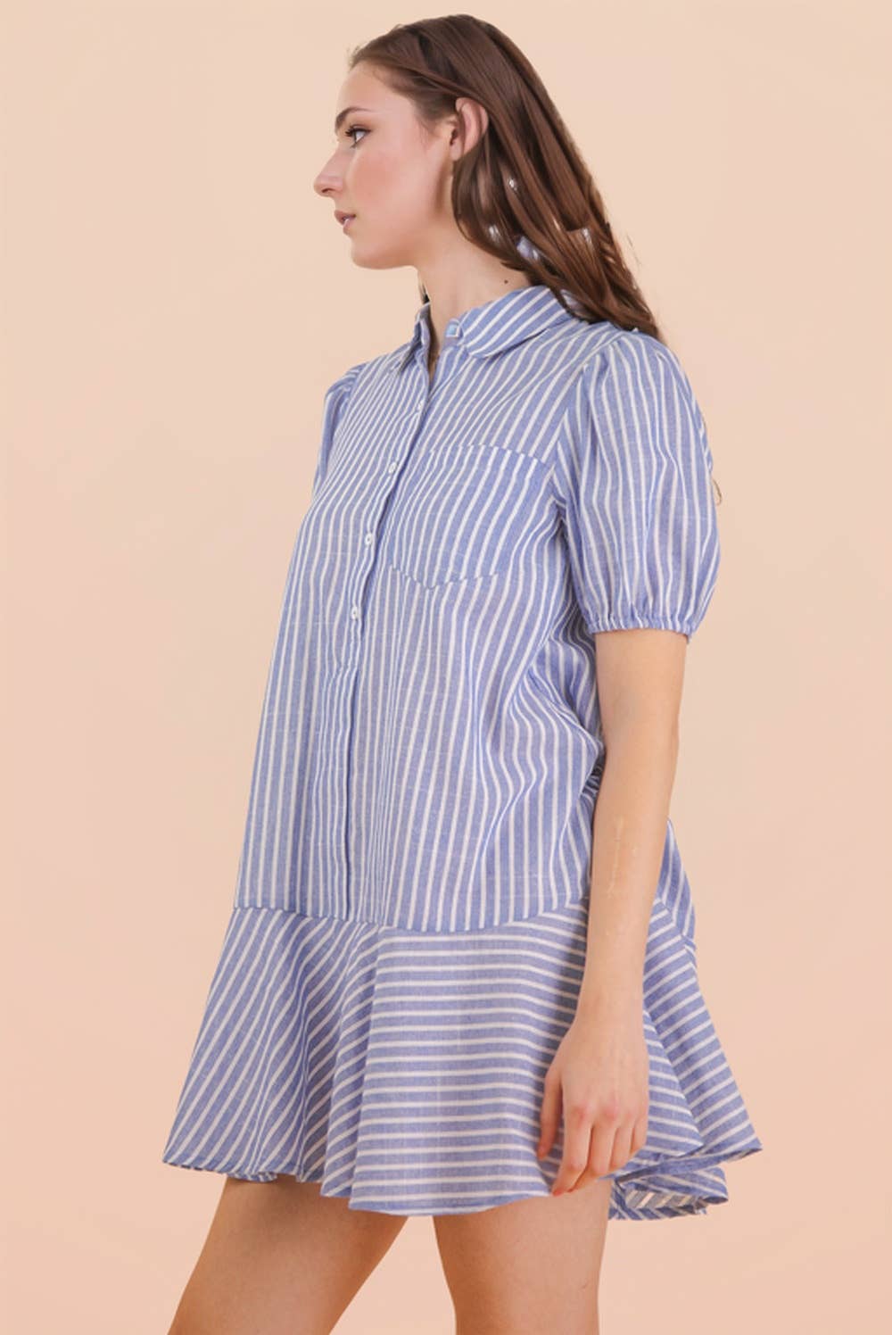 ND32029-Stripe Puff Sleeve Shirt Mini Dress